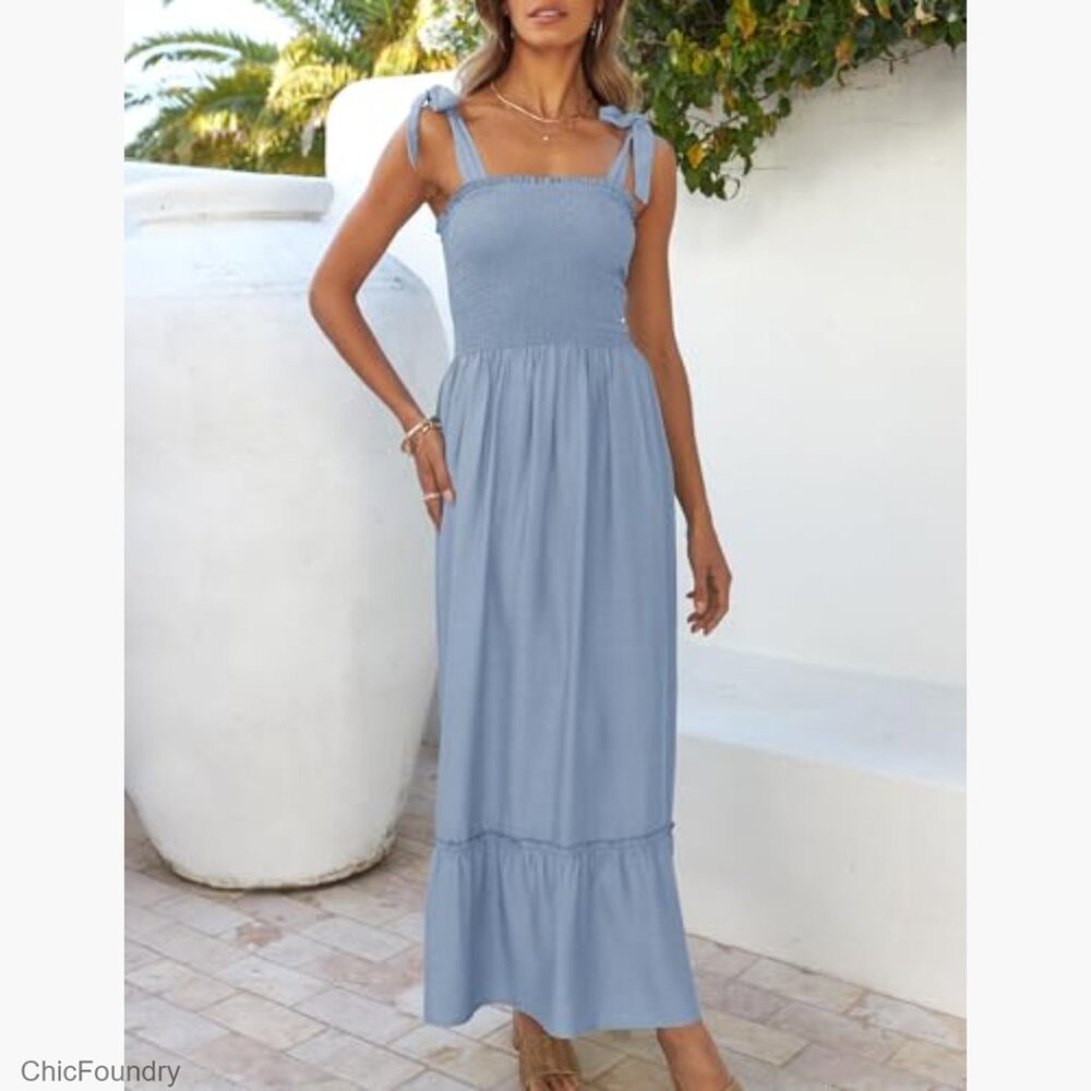 Boho Maxi Dress with Spaghetti Straps Square Neck Ruffle A-Line Beach - Picture 3 of 7
